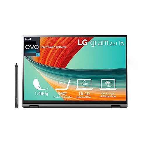 2023 LG gram 16 Zoll Ultralight 2-in-1 Convertible Notebook & Tablet - 1.480g Intel Core i7 (16GB RAM, 1TB SSD, 16:10 IPS LCD Display mit Pen Touch, Thunderbolt 4, Win 11 Home, Mirametrix) - Schwarz