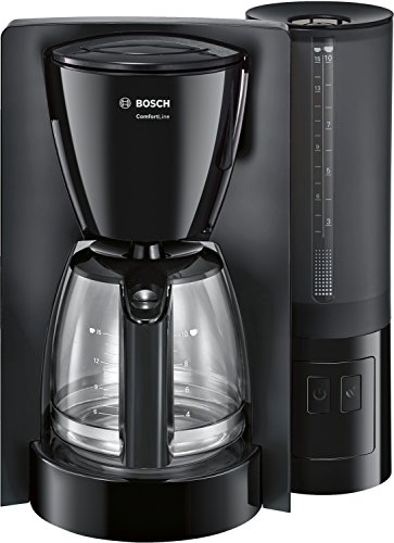 Bosch Filterkaffeemaschine ComfortLine TKA6A043, Aroma+, Aromaschutz-Glaskanne 1,25 L, für 10-15 Tassen, abnehmbarer Wassertank, Tropfstopp, schwenkbarer Filterträger, Kabelstaufach, 1200 W, schwarz