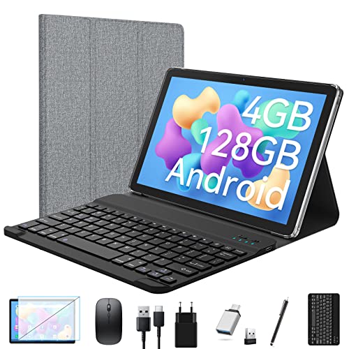 2023 Neueste Tablet 10 Zoll,2-in-1 Tablet Mit Tastatur,5G Wifi Android Tablet Pc-128GB ROM(1TB TF),Bluetooth 5.0,Octa-core1.8Ghz,1080 FHD,13MP+8MP Kamera,7000mAh,GMS-Zertifizierung,Typ-C/GPS/OTG-Grau