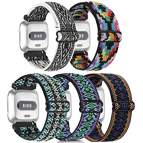 5 Stück elastische Nylonbänder kompatibel mit Fitbit Versa/Versa 2/Versa Lite/Versa SE für Damen und Herren, verstellbares, atmungsaktives Stoff, elastisches Armband für Fitbit Versa Smartwatch