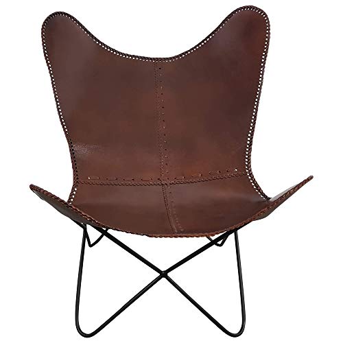 Butterfly Lounge Sessel Chair braun - Stuhl - Design - Retro - Loungesessel - Loungestuhl - Schmetterlingssessel - Echt Leder - Gestell schwarz - B/T/H: 76x76x92 cm