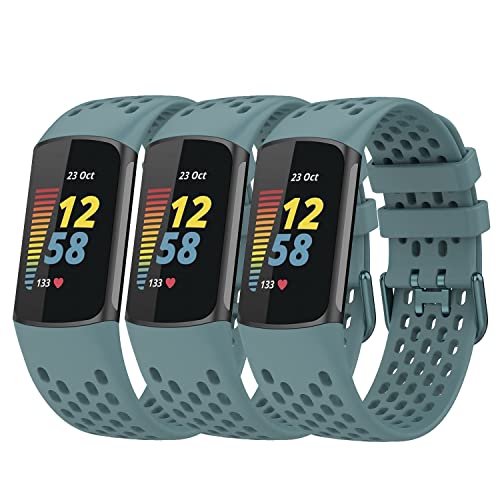 3 x Sportbänder, kompatibel mit Fitbit Charge 5 Smartwatch-Zubehör, Luftloch, atmungsaktiv, weiches Silikon, Ersatz-Armband für Charge 5, Damen und Herren, stahlblau