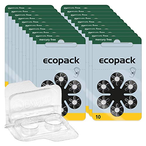 120x ecopack Hörgerätebatterien 10 (Gelb), 20x6er Blister PR70 1,4V + Aufbewahrungsbox für 2 Hörgerätebatterien (alle Größen), transparente Batteriebox für Zwei Knopfzellen bis 12 mm x 6 mm (Ø x H)