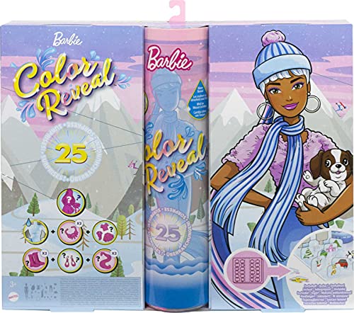 Barbie Farbe Reveal Adventskalender, 25 Überraschungen enthalten Farbe Reveal Barbie-Puppe, 1 Farbe Reveal Haustier, Kleidung, Zubehör, Geschenk für Kinder 3 Jahre alt & Up, HBT74