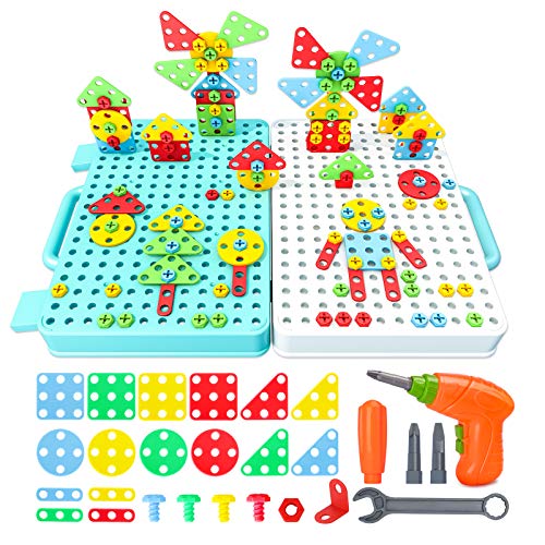 Beinhome 316-teiliges Mosaik-Set für Kinder, 3D-Puzzle, Montessori zum Bauen, Basteln, Lernen, mit Bohrmaschine, Schraubendreher, Kinder, Geschenk für 3, 4, 5 Jahre, Kinder, Jungen, Mädchen