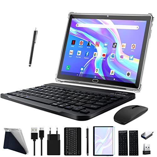 2023 Neueste Tablet 10 Zoll,Tablet Mit Tastatur Maus Stift,Android 4G LTE Tablets Mit 2 SIM 1 SD,4GB RAM 64GB ROM SD Max 512GB-Octa-Core| 1080P FHD| 13MP| 6000mAh| Bluetooth| WLAN GPS Typ C-Schwarz