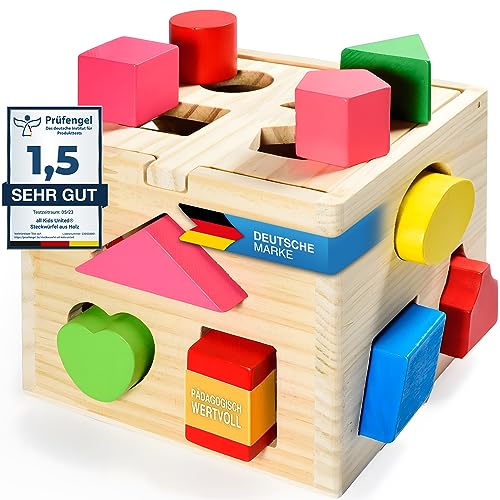 all Kids United® Steckwürfel aus Holz-Würfel Lernspielzeug-Puzzle Steckbox Spielbox für Baby & Kleinkind; Holz-Spielzeug trainiert Motorik; Förderung von Formerkennung und Konzentration (Steckbox)