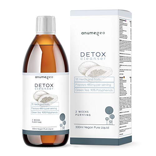 Anumegeo DETOX Cleanser Vegan 11 Kräuter & Früchte. Papaya, Artischocke, Grüner Tee, Guarana- Schlankheitsmittel, Leberreinigend, harntreibend, Antioxidans-Flüssiglösung 500ml Vorrat für 2 Wochen.