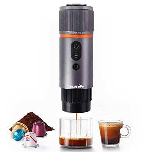 CONQUECO Kaffeemaschine Auto Espressomaschine 12v: Tragbare Akku Espresso Maker für Camping Reise - Mini Mobile kapselmaschine Unterwegs fur Wohnmobil Lkw - NS Kapsel Kompatibel (Silber)