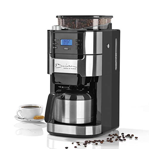 Barista Filterkaffeemaschine mit verstellbarem Mahlwerk & Thermokanne | Warmhaltefunktion, 24h Timer & Permanentfilter | Für 10 Tassen Kaffee | Kaffeemaschine für Bohnen & Pulver [Edelstahl]