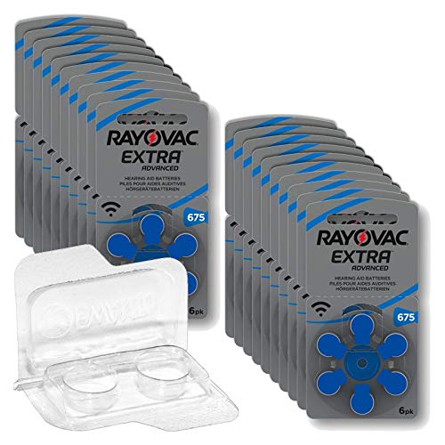 120x Rayovac Extra Advanced 675 Hörgerätebatterien 20x6er Blister PR44 Blau 24600 + Aufbewahrungsbox für 2 Hörgerätebatterien (10, 13, 312, 675), Batteriebox für 2 Knopfzellen bis 12 mm x 6 mm (Ø x H)